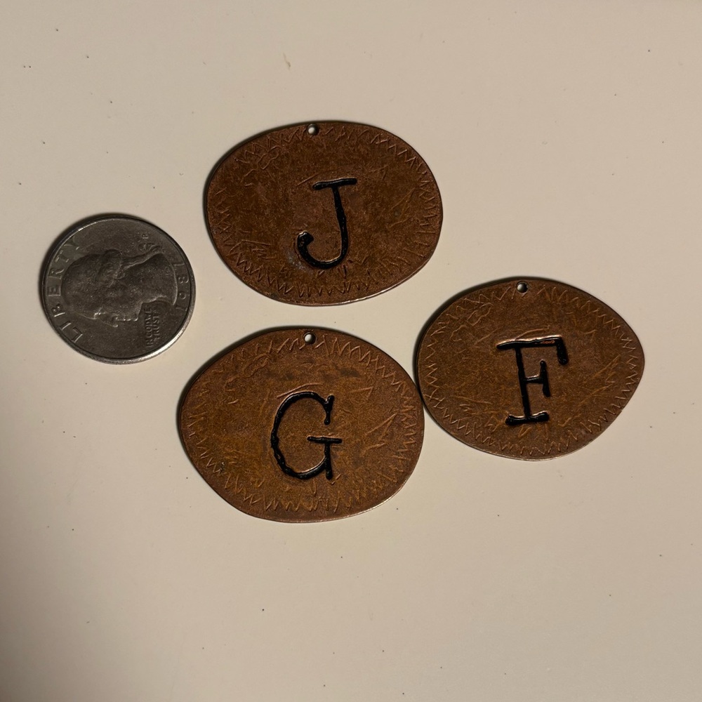 Copper Hammered Initial Charms for Jewelry or Key Chains J F G